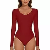 SLIMBELLE Damen Body Langarm V-Ausschnitt Langärmelige Bodysuit Elegant Sexy Langarmbody Oberteil Bustier Schmal Bodysuits Tops Bodys für Damen