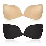 Klebe BH Trägerloser Silikon BH 2er Set Schwarz & Hautfarbe Push-Up Unsichtbar Atmungsaktiv Rückenfrei Klebepads für große und kleine Brüste Ideal für Abendkleid Brautkleid und rückenfreie Kleidung
