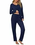 Bresdk Schlafanzug Damen Lang Baumwolle Pyjama Winter Langarm Loungewear Set Nachtwäsche V Ausschnitt, dunkelblau, L
