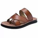 Harssidanzar Herren Leder Zehentrenner, Slip On Cross Straps Slide Sandalen Toe Ring Stil für Mann KM221EU, Khaki, Größe 46