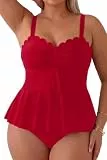 Yonique 2-teiliger Tankini-Badeanzug für Damen, Übergröße, gerüscht, Schößchen, Bademode, gewellter Badeanzug, Burgunder, 16 Plus