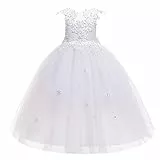 LOLANTA Festliches Kleid Mädchen, Prinzessin Kleider Mädchen Hochzeit Partykleid, Elegant Langes Abendkleid Kommunikation Spitze Tüllkleid für Kinder, 5-6 Jahre, Weiß, Tag 120