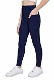 Arshiner Mädchen Leggings Kinder Lang Sportleggins Marineblau Einfarbig Hohe Taille Sporthose Basic Elastisch Leggings Jogging Training Yoga Hosen mit Taschen 140/9-10 Jahre