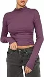 Damen Casual Crop Tops Baumwolle Slim Fit Top Mock Turtle Langarm T-Shirt Basic Bluse Tee Tops(Dark Purple-g,S)