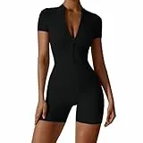Litthing Damen Sport Jumpsuit Kurz Yoga Playsuit Eng mit V-Ausschnitt Reißverschluss Overall Body Outfits Bodycon Kurze Ärmel Stretch Jogging Strampler