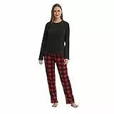 LANBAOSI Damen-Pyjama-Set mit langen Ärmeln und Hosen mit schottischem Druck, Nachtkleidung, 2 Stück, warmer Schlafanzug aus Fleece, rot, M