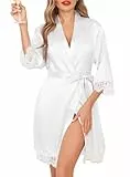 Lovasy Bademantel Damen Satin Kurz Kimono Manschetten aus Spitze Sexy Japanisch Morgenmantel für Damen Braut Team Bride Hochzeit Party Pyjama mit Gürtel,Weiß,S