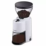 Cloer 7521 Elektrische Kaffeemühle mit Kegelmahlwerk aus Edelstahl, 2-12 Tassen, 300 g Kaffeebohnen, verstellbarer Mahlgrad, weiß, 150W