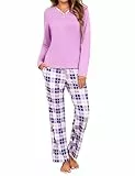 Uniexcosm Schlafanzug Damen Lang Zweiteiliger Winter Pyjama Set Langarm Nachtwäsche Baumwolle V-Ausschnitt Oberteil und Pyjamahose Loungewear Hellviolett XL