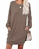 PrinStory Damen Pullover Kleid Lässig Rundhals Winterkleider Weich Tuinc Tops Basic Sweatkleid Langärm Freizeitkleider Mit Taschen (Kaffee, XL)