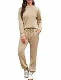 Aottori Jogginganzug Damen Rundhals Trainingsanzug Langarm Sportanzug Freizeitanzug Einfarbig Zweiteiler Hausanzug Lounge Set Sweatshirt und Jogginghose mit Taschen Khaki M