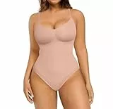 FeelinGirl Shapewear Damen Body Bauchweg Nahtlos Bodysuit V-Ausschnitt Formende Sringbody Überbrust Seamless Bodyshape mit Verstellbarer Riemen Beige XS/S