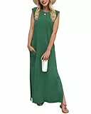 Tanmolo Damen Sommerkleid Rundhals Freizeit Lang Maxikleid Taschen Tunika Strand Kleid Lockerer Seitenschlitzen M Dunkelgrün