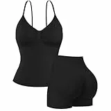 Nahtloses Workout-Set für Damen, 2-teilig, Neckholder, bauchfreies Top, Tanktop, versteckte Scrunch-Shorts, Yoga-Outfits, Fitness-Trainingsanzug, Jelly Black, L