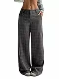 GORGLITTER Damen Vintage Karierte Hosen mit Taschen Drop Waist Weite Hose Freizeithose mit Knopf Retro Casualhose mit Reißverschluss Streetwear Grau S