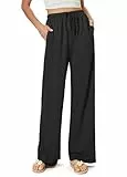 Glacspyg Damen Fließende Breite Bein Hosen Casual Strandhosen Hohe Taille Drawstring Palazzo Hosen mit Taschen Schwarz 2XL