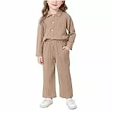 XINYUNZU Bekleidungssets für Mädchen Plissiertes Hemd mit Kragen und Hose Baggy Set Freizeitset Einfarbig Freizeitanzug Zweiteilig 2 Teiler Casual Outfit Frühling Mode Kleidung Kinder Braun 120