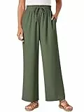 Glacspyg Damen Hosen Casual Flowy Wide Leg Freizeithose High Waisted Kordelzug Palazzo Hosen mit Taschen Graugrün M