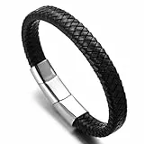 Halukakah Plus ● Solo ● Herren-Armband Handgefertigt | Echtleder in Schwarz | Kreuzgeflecht | Magnetverschluss aus Edelstahl in Silber | KOSTENLOS Geschenkbox | Größe Einstellbar 21.5cm-23cm