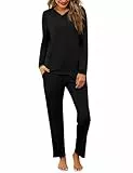 Litherday Schlafanzug Damen Lang Pyjama Set Baumwolle V-Ausschnitt Nachtwäsche Sleepwear Set Zweiteiliger mit Pyjamahose Casual Elastischer Bund
