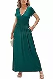 OUGES Sommerkleid Damen Kurzarm V-Ausschnitt Kleider Casual Boho Kleid Maxikleid mit Taschen Partykleid(Grün394, L)