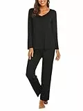 Ekouaer Schlafanzug Damen Lang Pyjama Set Kuschelig Nachtwäsche Zweiteiler Herbst Schlafanzüge Langarm Hausanzug Schwarz L