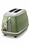 De'Longhi Icona Vintage CTOV 2103.GR – 2-Schlitz-Toaster mit Brötchenaufsatz, Toaster mit 6 Bräunungsstufen, Auftau- & Aufwärmfunktion, aus Edelstahl in elegantem Retro Look, grün