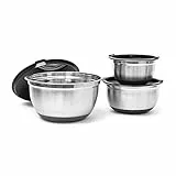 Relaxdays Schüssel Set BOWLY mit Deckel, HxBxT: ca. 14,5 x 25,5 x 25,5 cm, 3er Set, stapelbar, Edelstahl, silber-schwarz