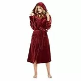 HEARTNICE Damen Fleece Bademantel mit Kapuze, weicher Plüsch Morgenmantel Bädemantel für Damen, flauschig süß Lange Hausmantel (Weinrot, S/M)