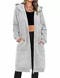 Tuopuda Damen Lange Kapuzenpullover mit Reißverschluss Hoodie Jacke Langarm Herbst Winter Pulli Sweatjacke Sweatshirts Kapuzenpullover Streetwear Strickjacke mit Taschen(Hellgrau,XL)