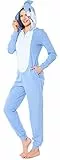 Ladeheid Damen Schlafoverall aus Baumwolle Jumpsuit bunt Verkleidung Schlafanzug Einteiler mit Kapuze LA40-234 (Blau Hai, M)