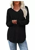 WIHOLL Pullover Damen Tunika Oberteile Top V-Ausschnitt Langarmshirt Weich Herbst Winter Casual Curved Saum Leichte Longshirt Damen Schwarz XL