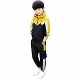 linboo Kinder Trainingsanzug Jungen Sport Set 2tlg Jogging Bekleidungsset Sportanzug Freizeitanzug Langen ärmeln Sweat-Jacke mit Kapuze + Sporthose, Gelb, 116-122(Herstellergröße: 120)