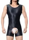Adigau Herren Öl Glänzend Offener Schritt Body Schwarz Ärmelloser Einteiler Overall Jumpsuit Sexy Unterwäsche Glatte Stretch Tank Top Sportbody Leicht für Fitness XL