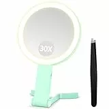 B Beauty Planet Vergrößerungsspiegel mit Licht, Doppelseitiger 30X/1X Vergrößerungsspiegel, Reise-Schminkspiegel mit 3 farbigen Lichtern, Faltbarer Makeup-Spiegel mit Tweezer, Handheld/Tabletop