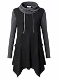 Amrto Bluse Tunika für Damen Turtleneck Pullover mit Asymmetrischem Saum Langarm Shirts Lange Longpullover Elegant Sweatshirt Große Größe mit Taschen, Schwarz & Grau XL