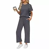 DHYUEN Elegantes Damen Loungewear Set: Einfarbige Kurzarm Und Kurz Hose Sommeranzug Casual Sommer Outfit Zweiteiler Lounge Set（2-Gray, M）