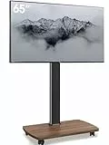 AOKCOS TV Ständer Rollbar mit Holzablage, Fernsehständer auf Rollen für 32-65 Zoll Fernseher, TV Bodenständer Höhenverstellbar Schwenkbar, bis 40 kg Max. VESA 400x400mm (Schwarz+Vintagebraun)