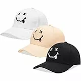 Utensilsto 3 Stück Baseball Cap Lächeln Baumwolle Baseballkappen für Herren Damen Verstellbar Sonnenschutzhüte Basecap Sport Outdoor Peak Caps Gestickte Gesicht Black White Khaki