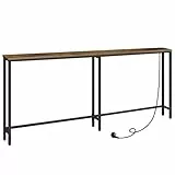 HOOBRO Schmaler Konsolentisch mit Steckdosenleiste, Konsolentisch mit Ladestation, schmaler Sofatisch, Konsole hinter dem Sofa, für Eingangsbereich, Flur, rustikales Braun und Schwarz EBF185CXG01