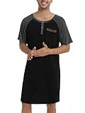 Enjoyoself Herren Kurzarm Nachthemd Knielang Pyjamaoberteil Baumwolle Leicht Luftig V Ausschnitt Schlafshirt mit 3 Knöpfe schwarz,L