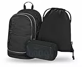 Baagl Schulrucksack Set Jungen Mädchen 3 Teilig, Schultasche für Grundschule Volksschule, Grundschule Ranzen mit Brustgurt, Ergonomischer Schulranzen (Uni Schwarz)