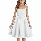 XINYUNZU Mädchen Kleider A-Linie Spaghettiträger Sommerkleid Elegant Festliches Kleid Einfarbig Kinder Freizeitkleid Ärmellos Party Prinzessin Kleid für 8-14 Jahre Weiß 160