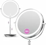 Auxmir 30X/1X Wiederaufladbarer Kosmetikspiegel mit Beleuchtung, 38-47 cm Höhenverstellbarer 9 Zoll Schminkspiegel, 3 Lichtfarben&Helligkeit Dimmbar, 360° drehbarer Doppelseitiger Tischspiegel