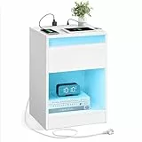 VASAGLE Nachttisch mit Einstellbarer LED-Beleuchtung, Beistelltisch mit Steckdosen, Schublade, 2 AC-Steckdosen, 2 USB-Anschlüsse, modern, für Schlafzimmer, Wohnzimmer, wolkenweiß LET618T15