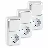 HEITECH Aufputz Wechselschalter & Schutzkontaktsteckdose Kombination - Neues Modell - 3x Schutzkontakt Steckdose & Lichtschalter AP für innen - Schuko Steckdose 250V 16A IP20
