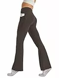 Glacspyg Damen Hose mit Taschen Yogahose Freizeit Jogginghose High Waist Sporthose Elastische Weite Bootcut Jazzpants Braun M