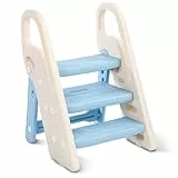 Onasti Tritthocker für Kinder, 2 Stufen - 3 Stufen Höhenverstellbar Kinderschemel, Trittschemel für Baby, Lernturm mit Handhaben, Faltbar, Multifunktional, für Bad, Kleinkinderzimmer, Küche (Blau)