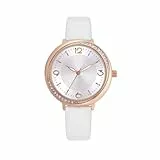 COMTEX Armbanduhr mit weißem Lederarmband, Roségold-Kristall-Lünette, arabische Zifferblatt, Quarz-Damenuhr, weiß, Chronograph