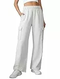 Glacspyg Damen Hose Lang Sporthose Fitness High Waist mit Elastischem Bund und Taschen Freizeithose Lockere Hosenbeine Hellgrau XL